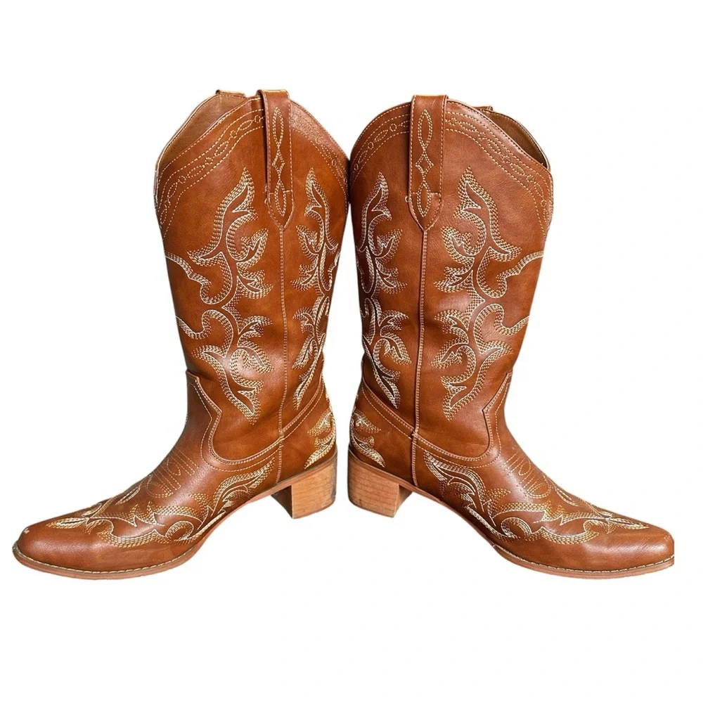 Cognac Embroidered Western Mid-Calf Boots Boho Cowgirl Rodeo Size 11.5 - Picture 3 of 10